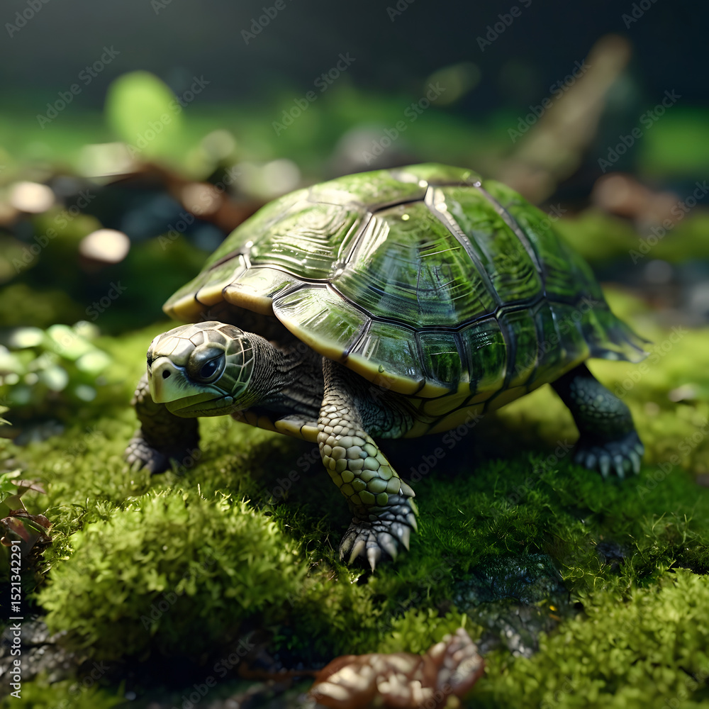 Obraz premium Tortoise's Journey Through Moss: A close-up of a tortoise navigating a lush, verdant environment, showcasing its textured shell and a sense of tranquil perseverance. 