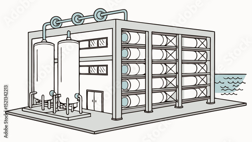 Illustration of a desalination plant with tanks, pipes, building and ocean water nearby the structure