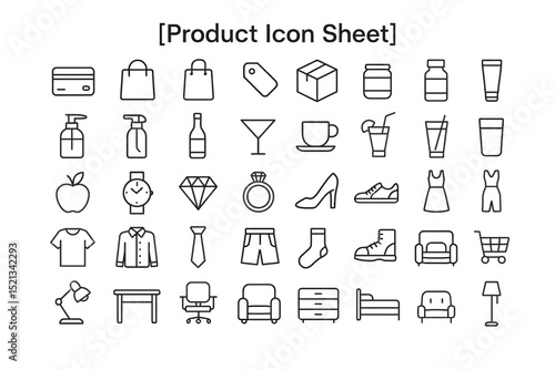 Versatile Icon Sheet: A comprehensive collection of product icons, perfect for representing a wide array of items, from consumer goods to household objects, captured in a clean, minimalist style.