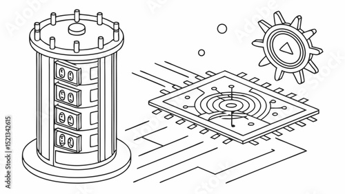 Isometric illustration featuring a cylindrical device, a circuit board, and a gear wheel in black and white