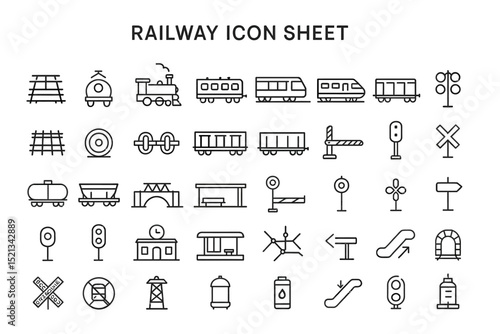 Railway Icon Sheet: A comprehensive railway icon sheet, artfully designed, showcasing various railway elements, signaling systems, and infrastructure components, perfect for illustrative use.