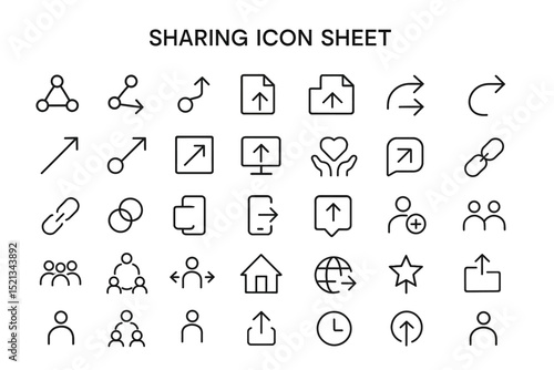 Sharing Icon Sheet: A collection of sleek, minimalist icons, meticulously designed for intuitive digital sharing and communication, presented against a simple backdrop.