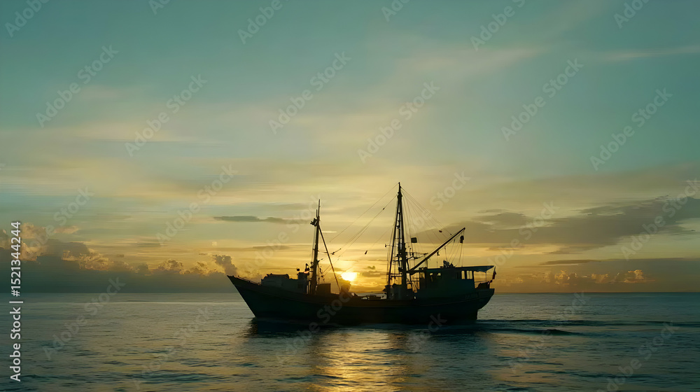 Silhouette Fishing Boat At Sunrise Silhouette Fishing Boat At Sunrise
