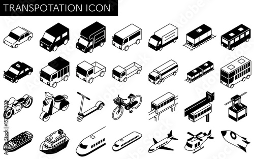 Vehicle icon set, set of simple and cute isometric black and white line drawing icons of bicycles, motorcycles, cars, public transportation, etc