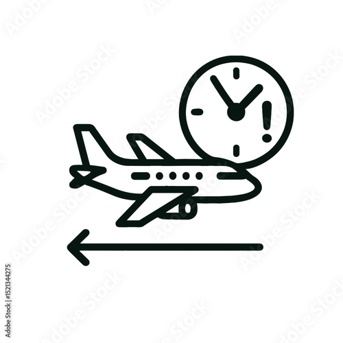 Minimal line art icon of airplane with clock and backward arrow symbolizing flight delay or time zone change