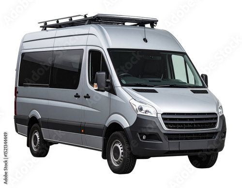 Urban-style cargo van with roof rack and tinted windows, front 3/4 angle, isolated PNG