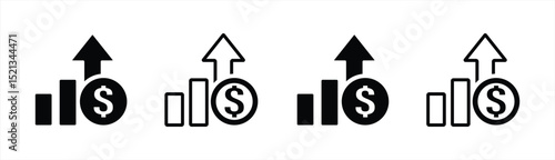 Dollar rate increase vector icon set. Rise cost vector illustration. Business money cash increase signs set