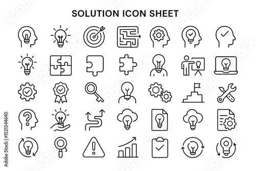 Illustration of Problem Solving Icons: A collection of minimalist icons representing problem-solving and solution-finding concepts, perfect for illustrating ideas in business, technology.