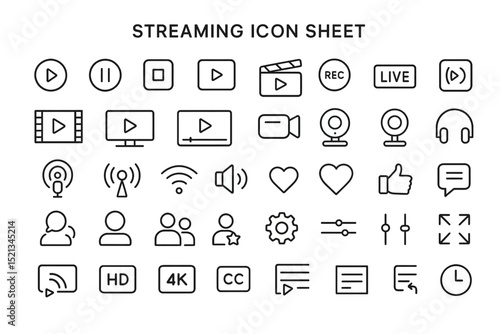 Streaming Icon Sheet: A curated collection of clean-cut, black-and-white icons representing elements of streaming, designed with a modern and minimalist aesthetic. 