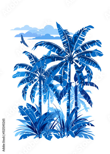 Vertical vector illustration of tropical palm trees and exotic plants in blue color. Decorative tropical wallpaper design for home, cafe or spa interiors