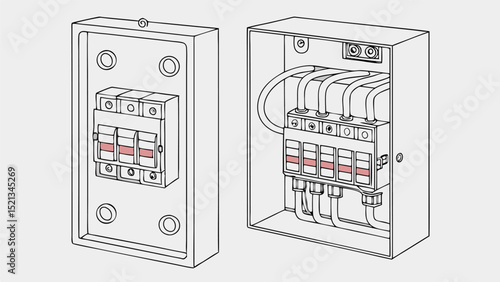 Illustration of two electrical fuse boxes with visible fuses and wiring connections in a detailed view