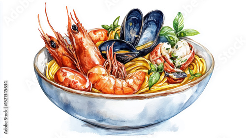 Vector illustration, watercolor painting of Italian Pasta with seafood, isolated on a white background.