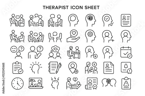Therapist Icon Set: a set of outline style icons depicting mental health, therapy, and counseling, offering a clean and professional aesthetic.