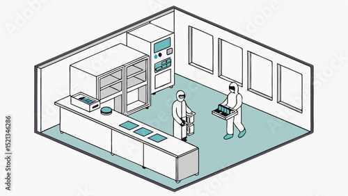 Isometric view of a cleanroom with two workers in suits and equipment inside a laboratory space