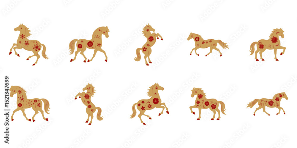 Set of red horse chinese new year horoscope symbol. Horse character, flower and asian elements for Lunar new year. Vector isolated. Set of red horse chinese new year horoscope symbol. Horse character, flower and asian elements for Lunar new year. Vector isolated.