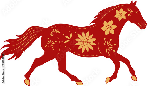 Red horse chinese new year horoscope symbol. Horse character, flower and asian elements for Lunar new year. Vector isolated.