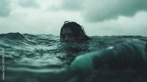 Lonely woman in the middle of a plastic ocean