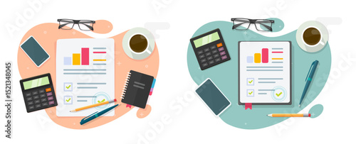 Audit work desk table top view icon vector, accounting analysis research workplace graphic modern illustration, irs tax paperwork analytics, study workspace above image clip art flat cartoon
