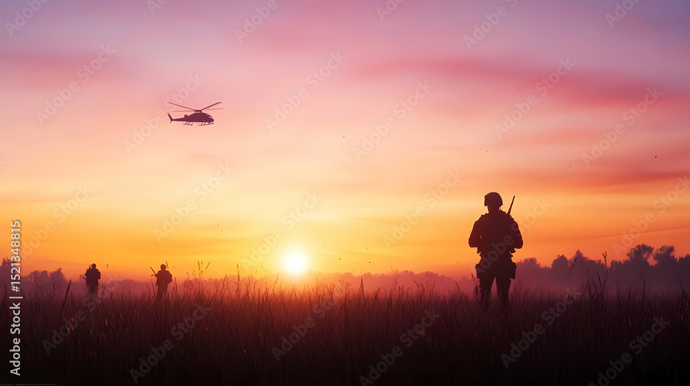 Fototapeta premium Silhouette Soldiers At Sunrise In Field