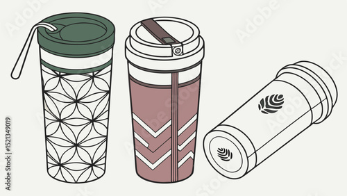 Three reusable coffee cups with different designs and lids standing and lying on a neutral background