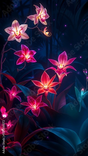 Glowing Orchids in a Dark Tropical Forest at Night