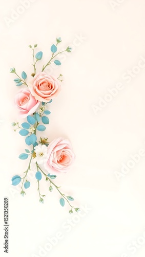Delicate Peach Roses and Eucalyptus Branches on Beige Background