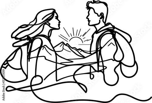Outline of couple with backpacks facing each other in mountain landscape  