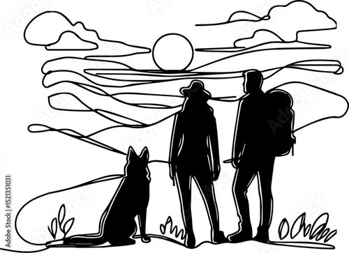 Silhouetted couple with dog watching sunset over hills