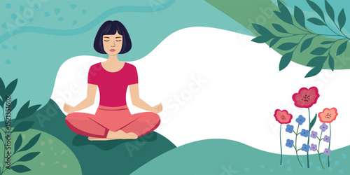 Wallpaper Mural Black-haired woman sitting in lotus position meditating among spring flowers, peaceful nature vector for yoga and wellness Torontodigital.ca