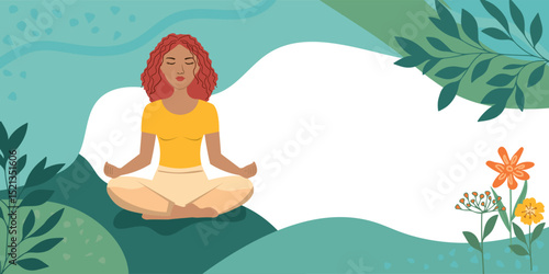 Young red-haired woman meditating outdoors in nature among blooming flowers, calm vector illustration for wellness and yoga themes
