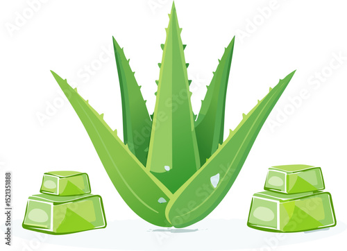 Simple aloe vera illustration with thick green leaves and translucent gel cubes, designed in a minimal flat style with clean shadow, isolated on a white background with copy space.