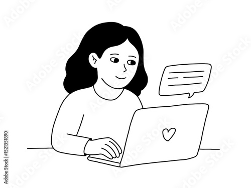 Woman working on computer, remote work, online shopping learning student or freelancer, business communication, outline vector illustration