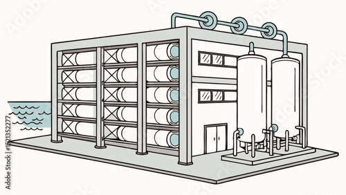 Illustration of a large industrial building with tanks and storage near a body of water outdoors