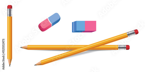 Realistic Vector yellow pencil set with Eraser Rubber isolated on white background, pencil sharpened. Realistic pencil with eraser on white background, Vector Pencil with Rubber, School and Office