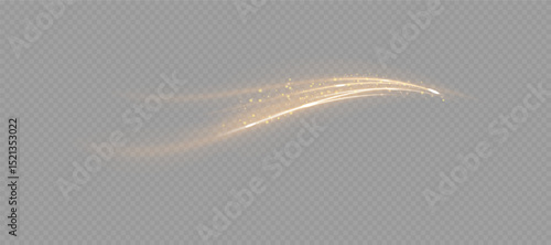 Glowing curved gold light streak with magical shimmer and elegant motion blur. Ideal for luxury visual design, UI overlays, festive effects, golden accents in animations or decorative highlights.