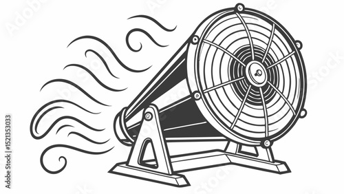Illustration of a vintage style wind machine with visible air waves in a black and white design