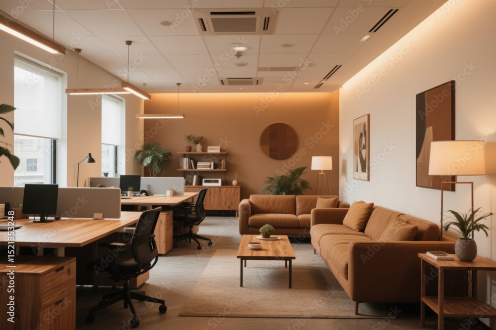 Modern office workspace with wooden desk and orange ergonomic chairs in warm interior design
Modern office workspace with wooden desk and orange ergonomic chairs in warm interior design
