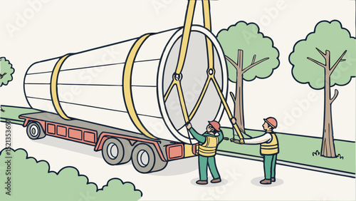 Workers securing a large cylindrical object on a flatbed truck with trees in the background for transport