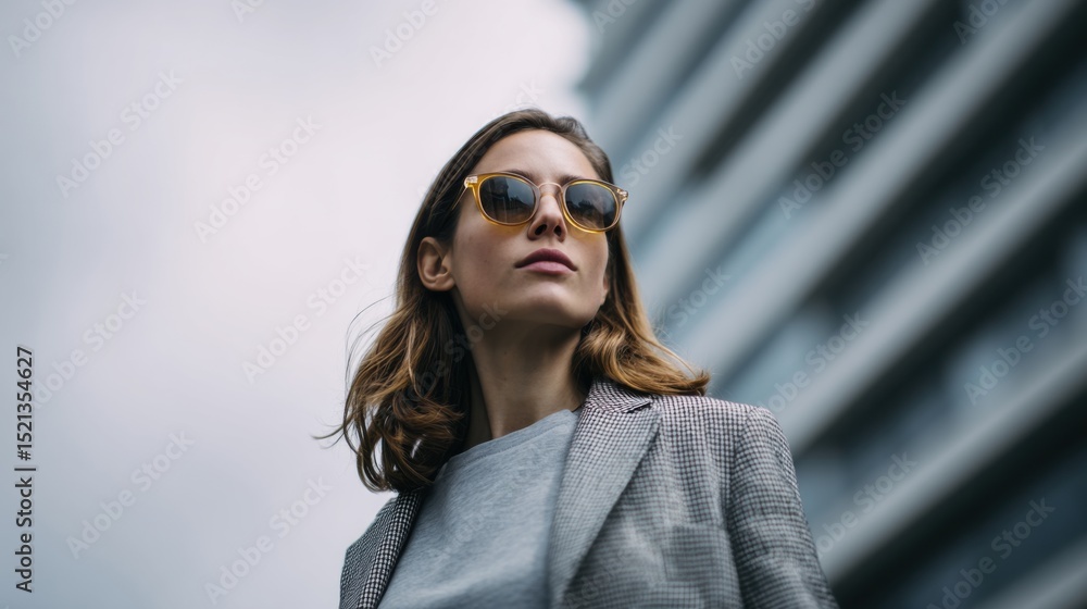 Fototapeta premium Urban Elegance - Confident Woman Walking with Reflective Sunglasses and Cinched Blazer in Neutral Grey Cityscape
