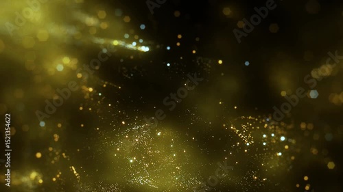 Gold Particles Moving Background. fast energy flying wave line with flash lights. Particle from below. Particle gold dust flickering on black background. Abstract Footage background for text.
