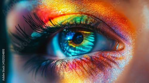 Human eye close-up in bright multi-colored variable image.