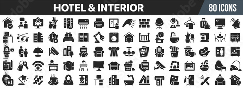 Hotel and interior black icons collection. Big UI icon set in a flat design. Vector illustration EPS10