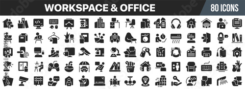 Workspace and office black icons collection. Big UI icon set in a flat design. Vector illustration EPS10