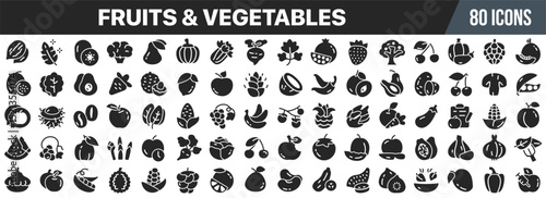 Fruits and vegetables black icons collection. Big UI icon set in a flat design. Vector illustration EPS10