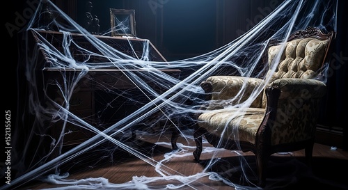 Abandoned Mansion Room Covered in Spiderwebs Dark and Spooky Atmosphere