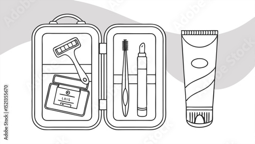 Illustration of an open travel kit with a razor, container labeled lois, brush, tube and cosmetic applicator
