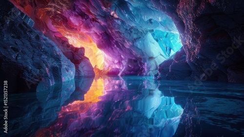 Glowing Crystal Cave with Reflections on Water – Fantasy Landscape Scene..
