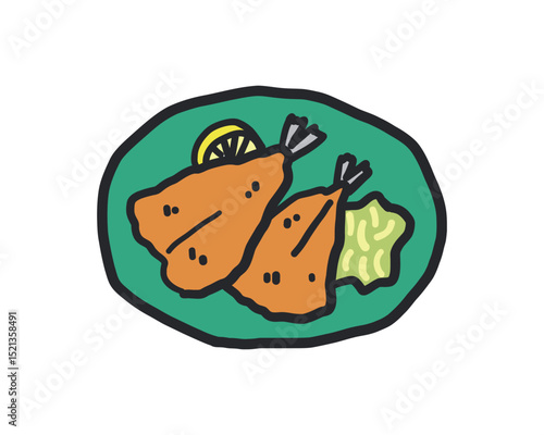 アジフライのラフな線あり手描きイラスト。レモンとキャベツ