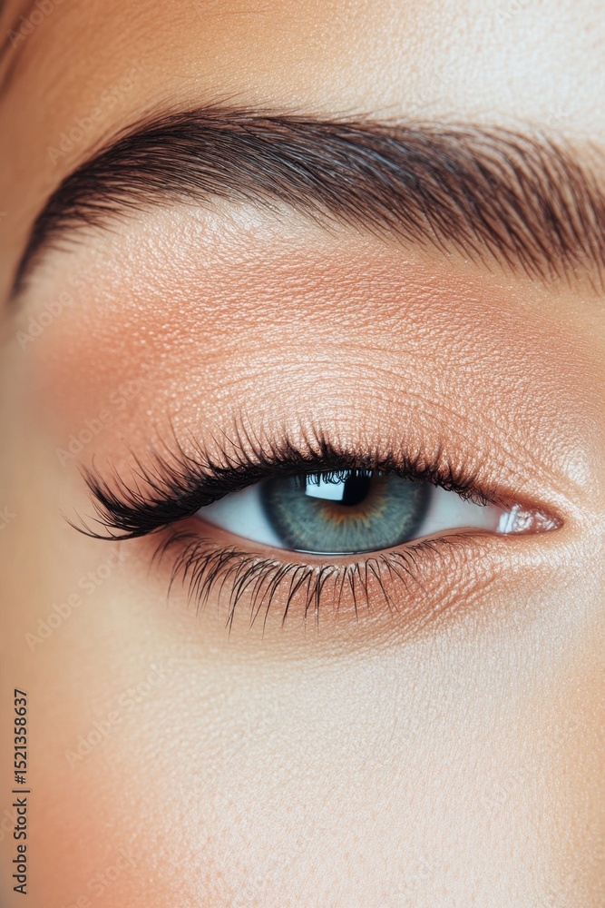 Naklejka premium Close view of eye with long lashes and neutral eye color. Soft skin texture and eyebrow detail. Natural light on face.
