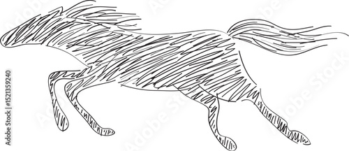 side view of a galloping wild horse as a shaded black shadow, curved lines drawn by hand with a black brush